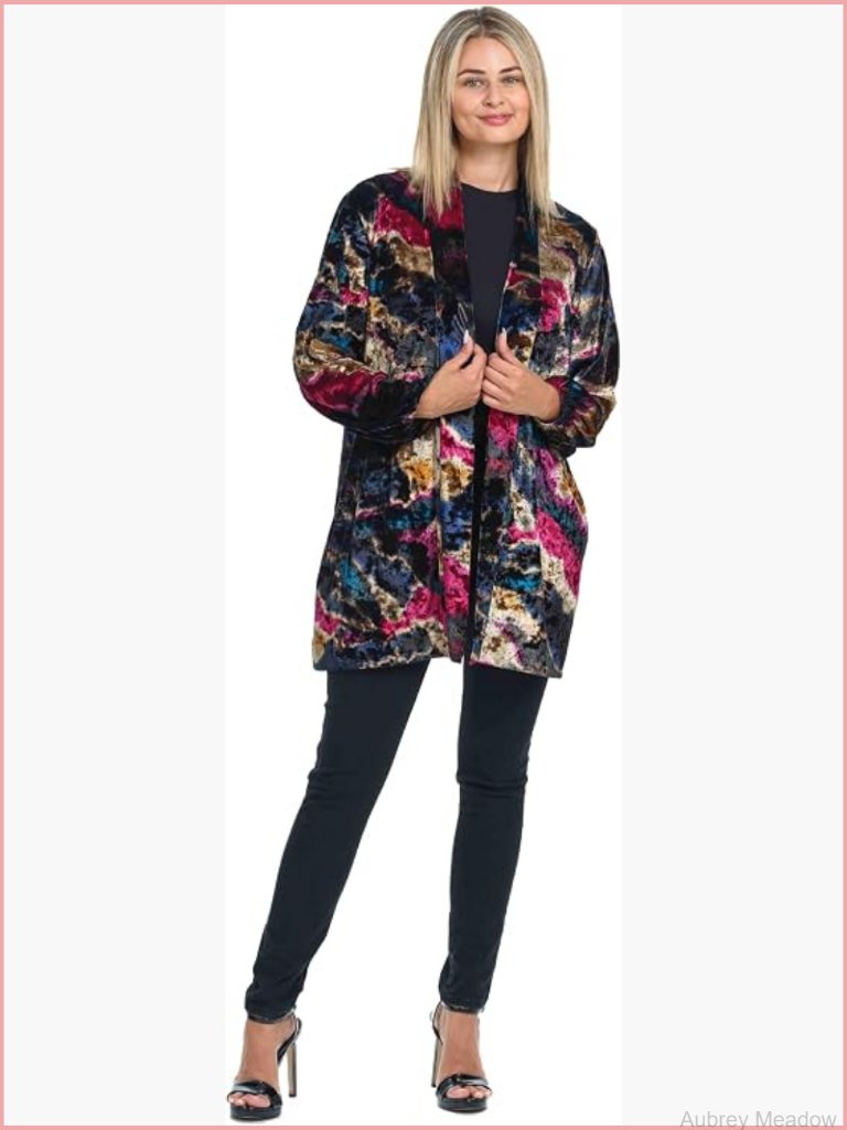 Open Front Velvet Cardigan With Pockets Lightweight Midi